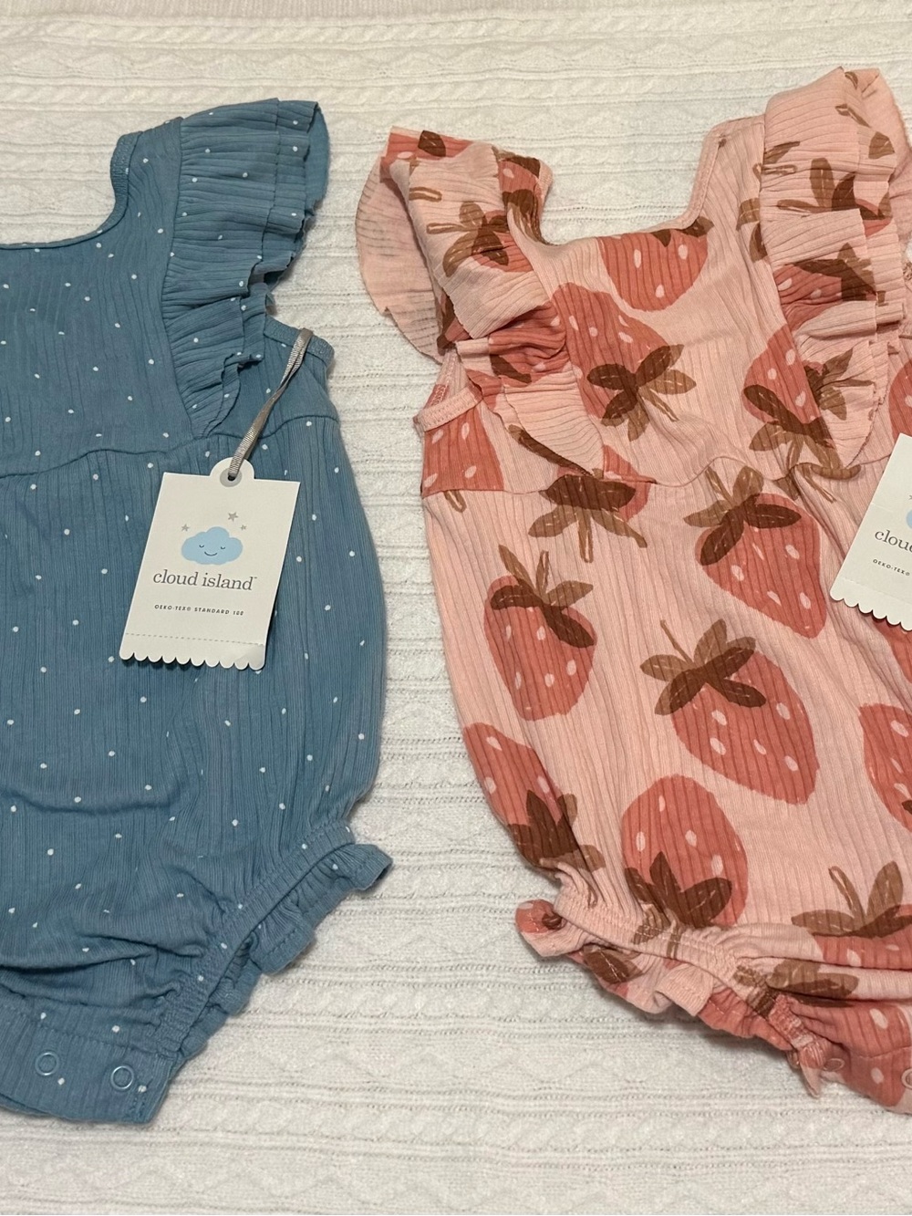 cloud island Blue Dot Romper & Pink Strawberry Romper Set
